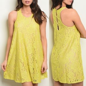 Last One! Chartreuse lime nude floral stretch lace dress